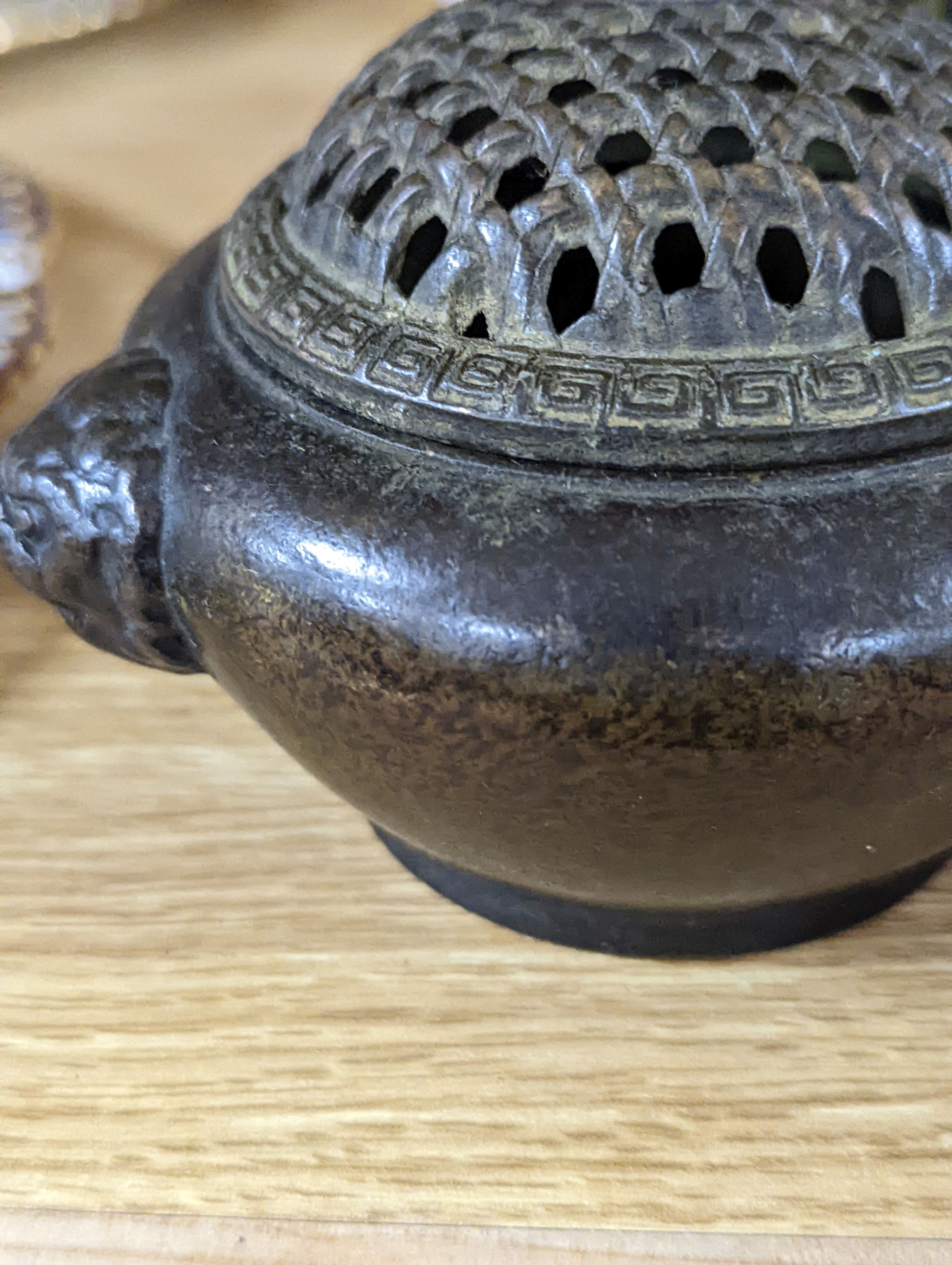 A Chinese bronze tripod censer and a Chinese bronze censer and cover 11cm